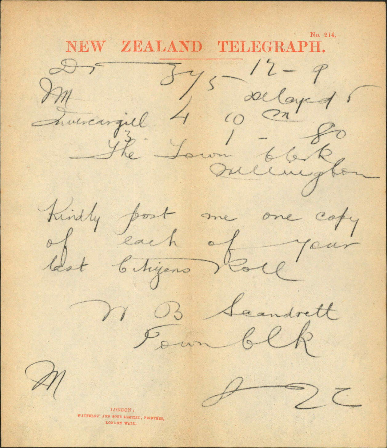 Town Clerk, Invercargill, asking for copies of Burgess Rolls