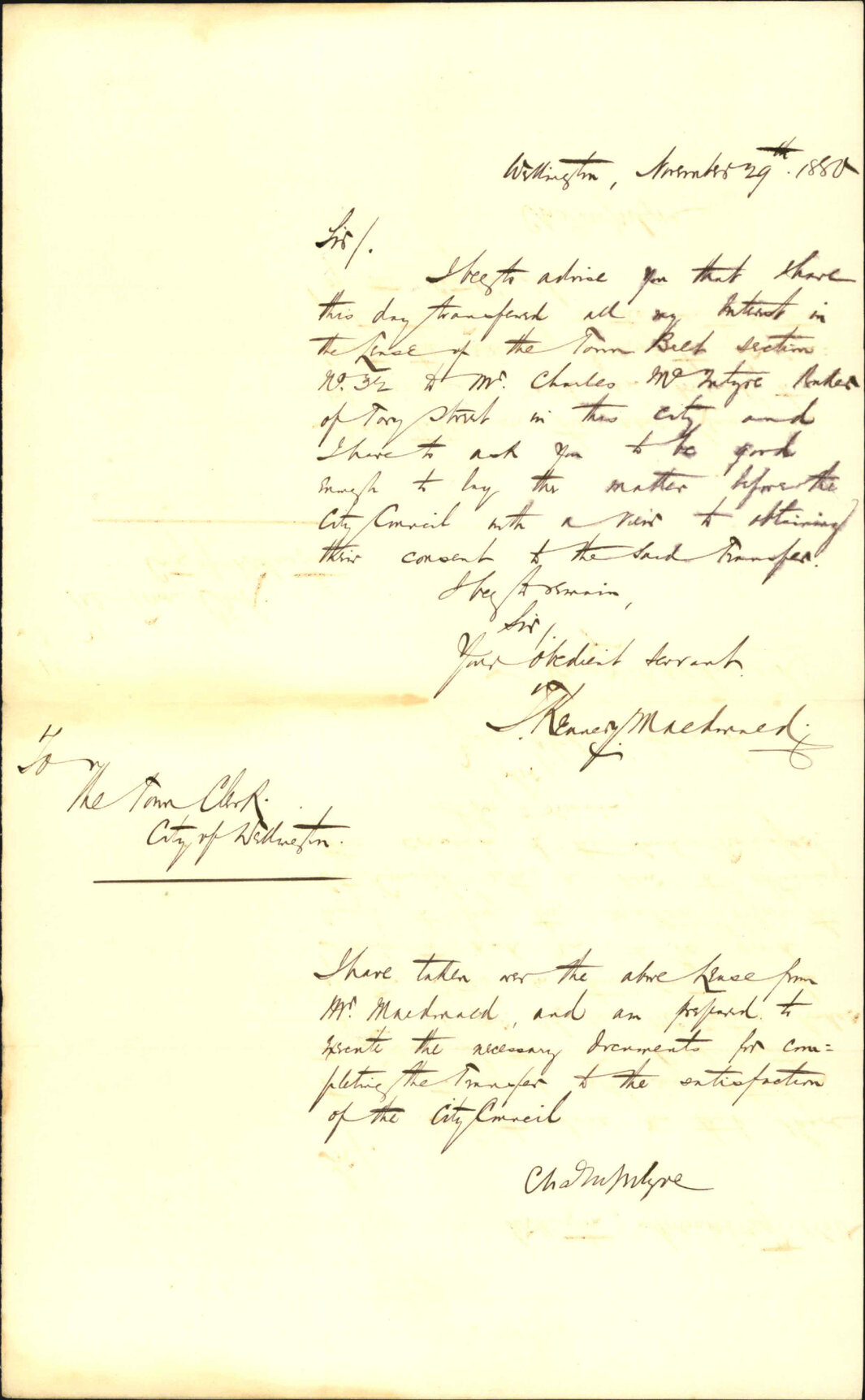 T Kennedy Macdonald, transferring lease of Town Belt reserve to Charles MacIntyre