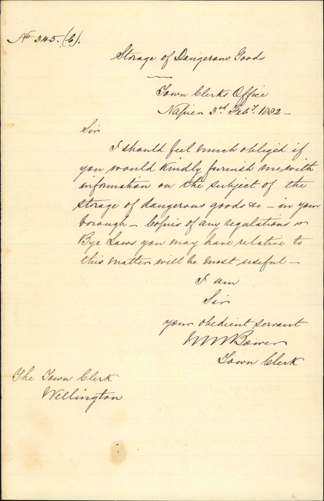 Town Clerk, Napier, regarding storage of dangerous goods