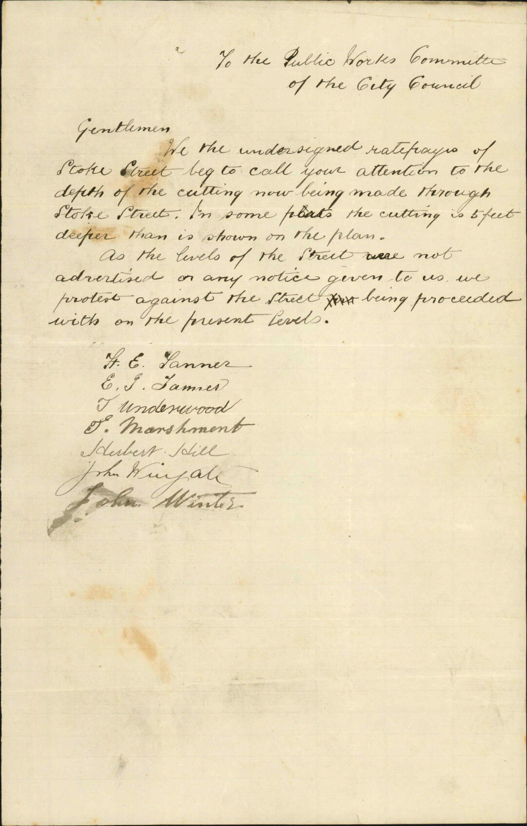 H E Tanner and others, petition against formation of Stoke Street