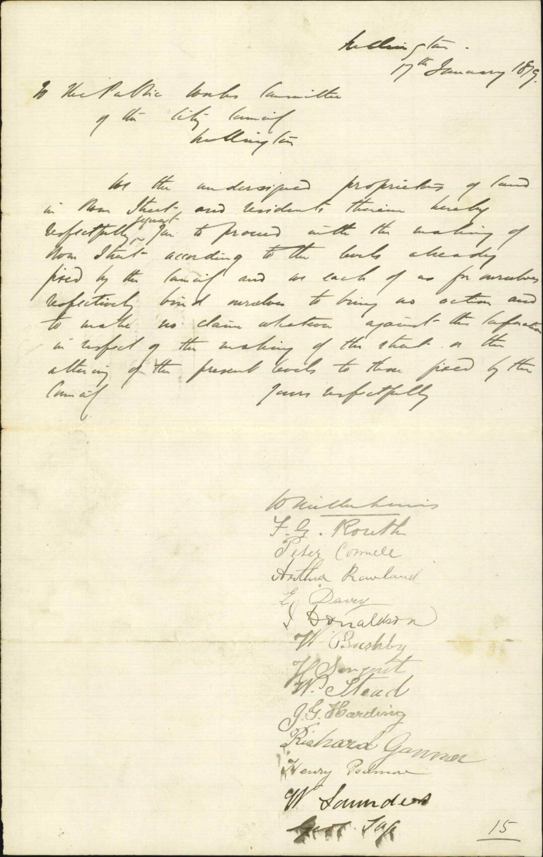 F G Routh and others, petition regarding formation of Owen Street, giving their consent
