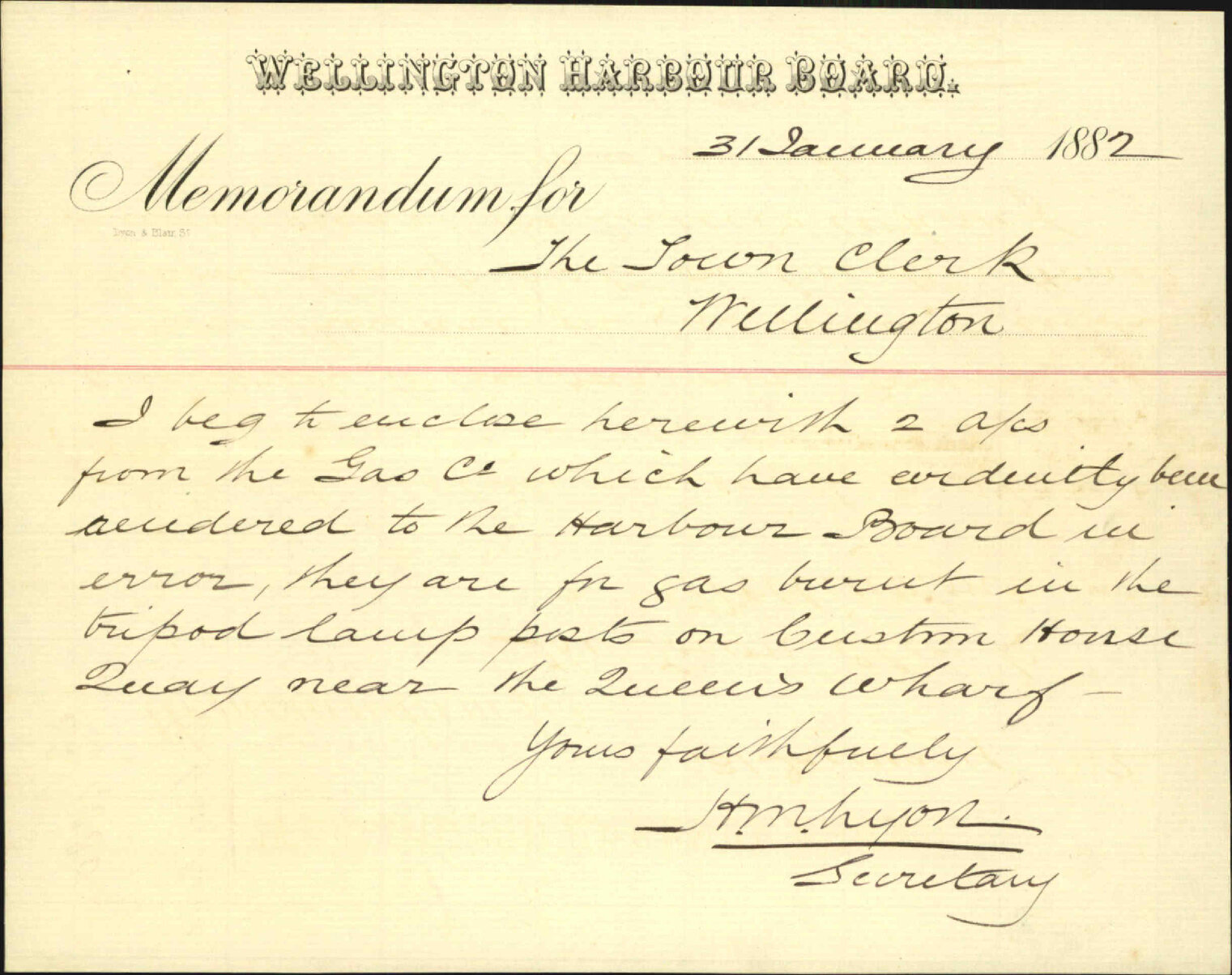 Wellington Harbour Board, forwarding account for lighting Wharf lamos in Customs House Quay