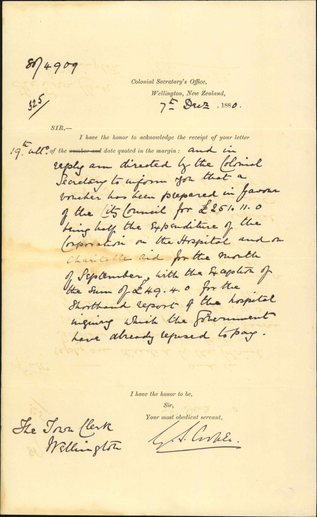 Colonial Secretary's Office, regarding cost of hospital enquiry