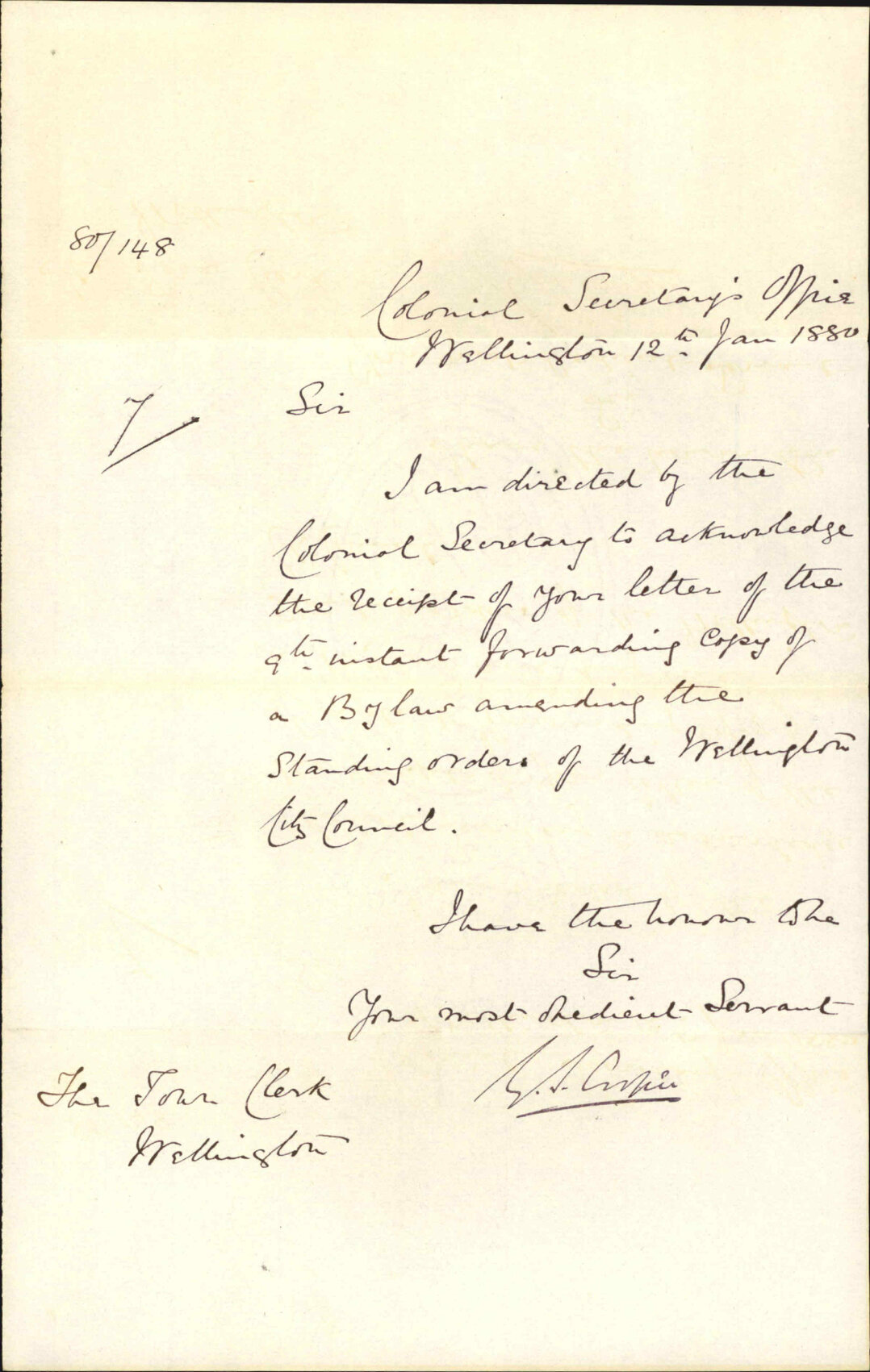Colonial Secretary, acknowledging receipt of bylaw amending standing orders
