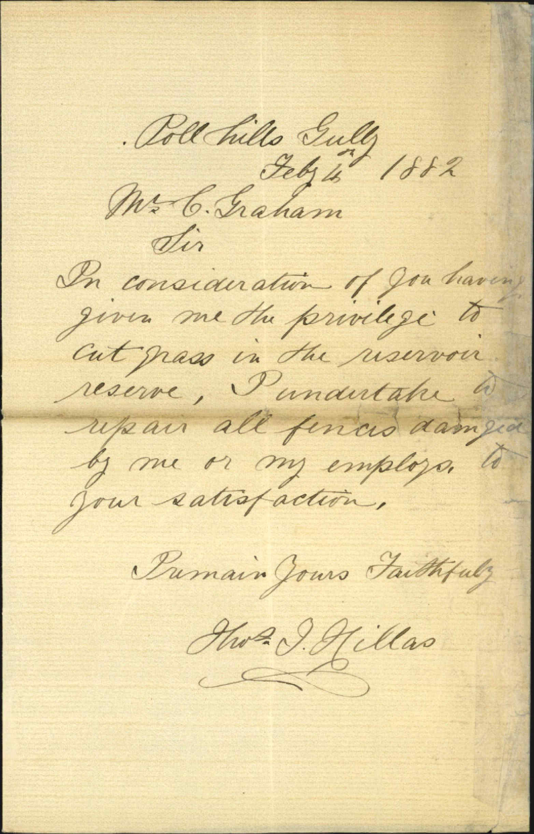 Thomas J Hillas, application to cut grass in the water works reservoir