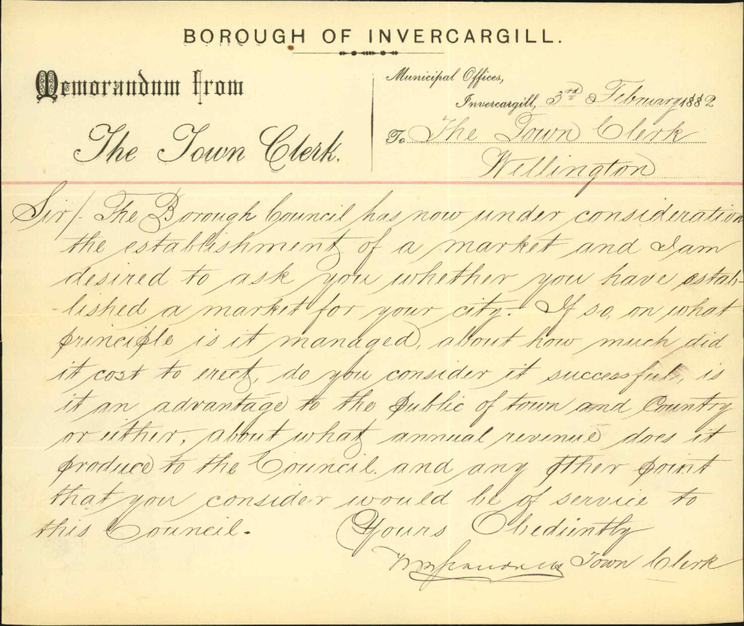 Town Clerk, Invercargill, asking as to market place in the Borough