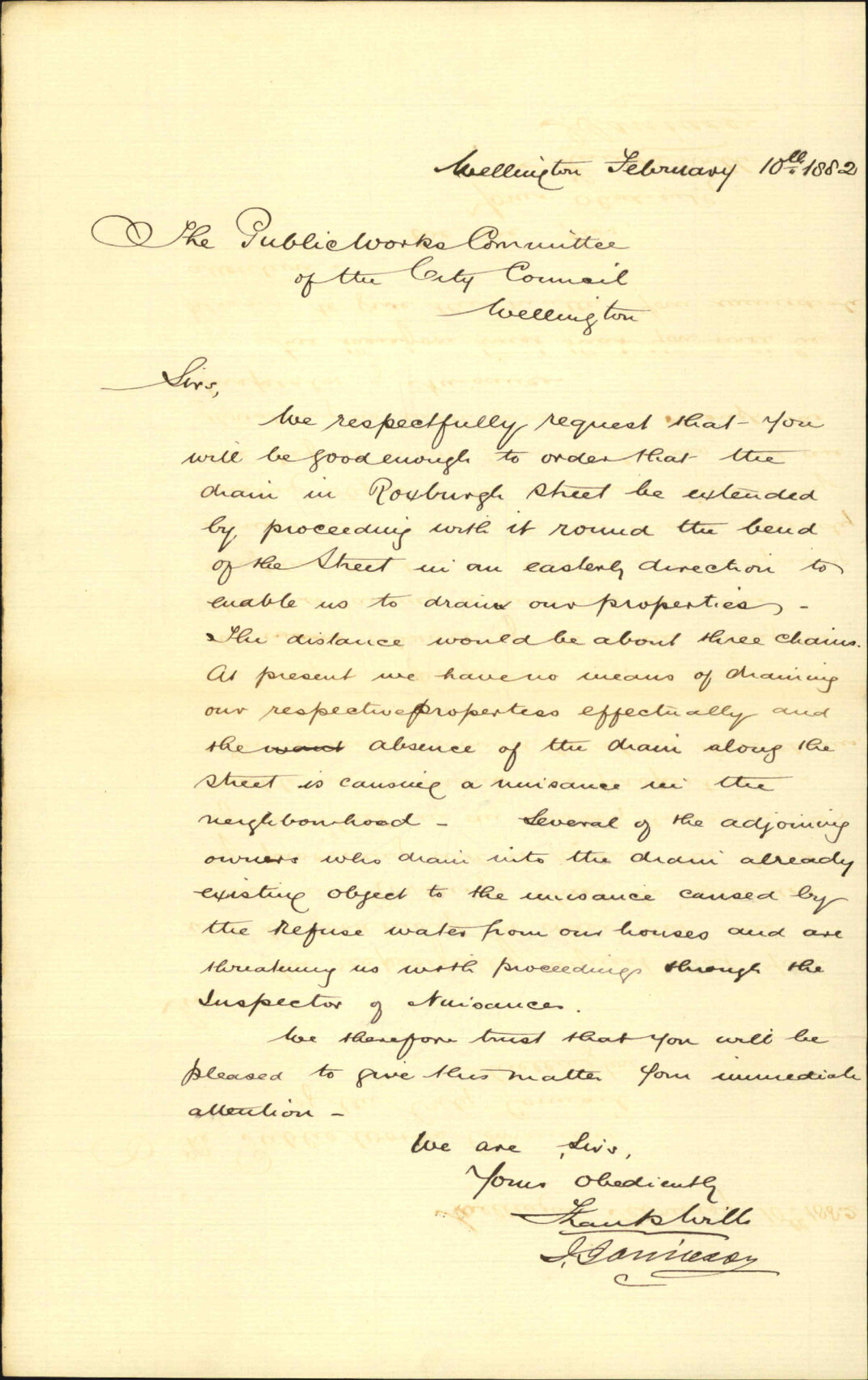 Frank Wills, application for drain in Roxburgh Street