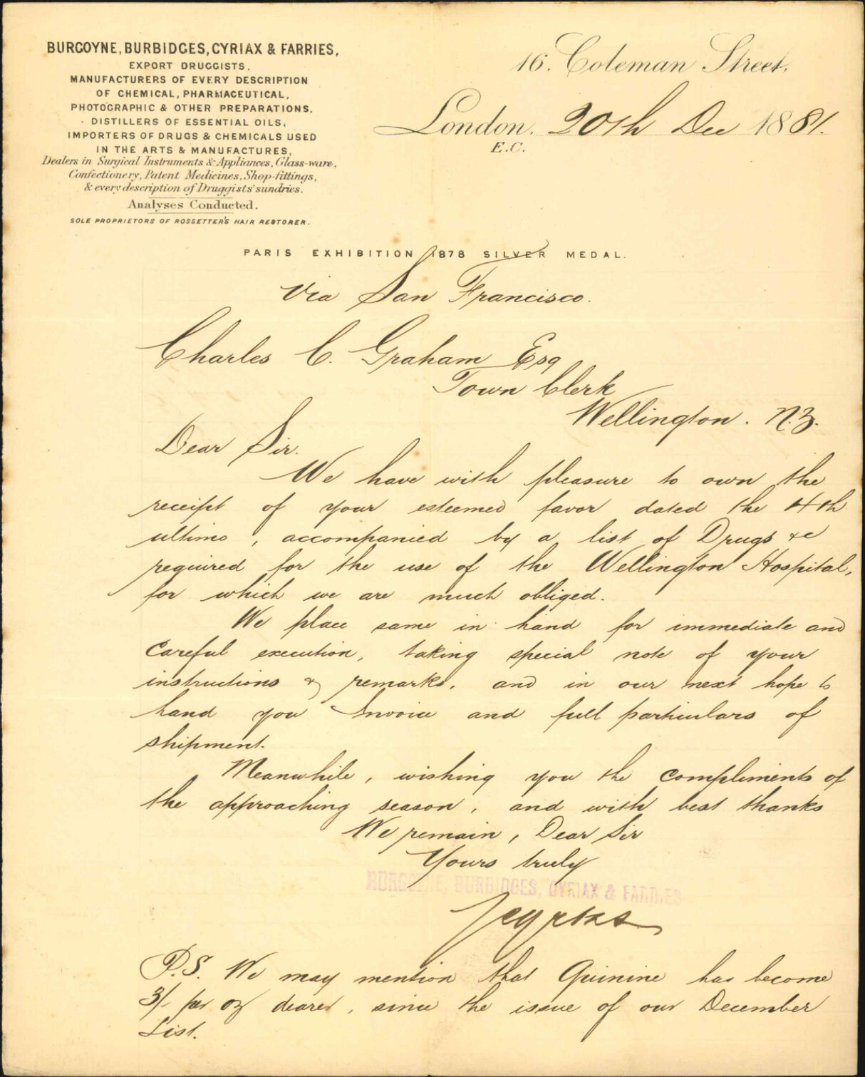 Burgoyne, Burbidges, Cyriax and Farries, acknowledging indent for drugs etc
