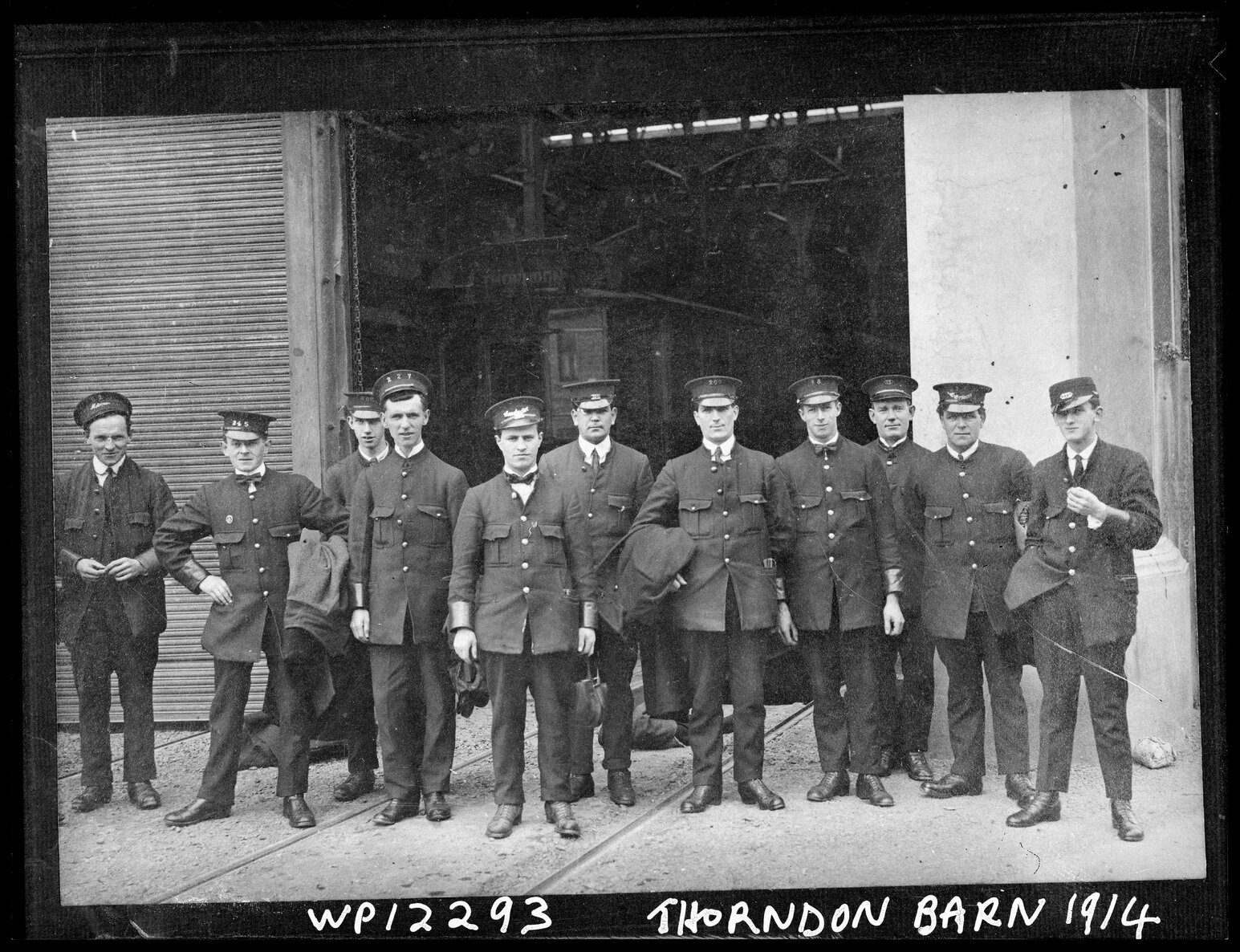 Group photograph of tramcar drivers outside Thorndon Tram Barn