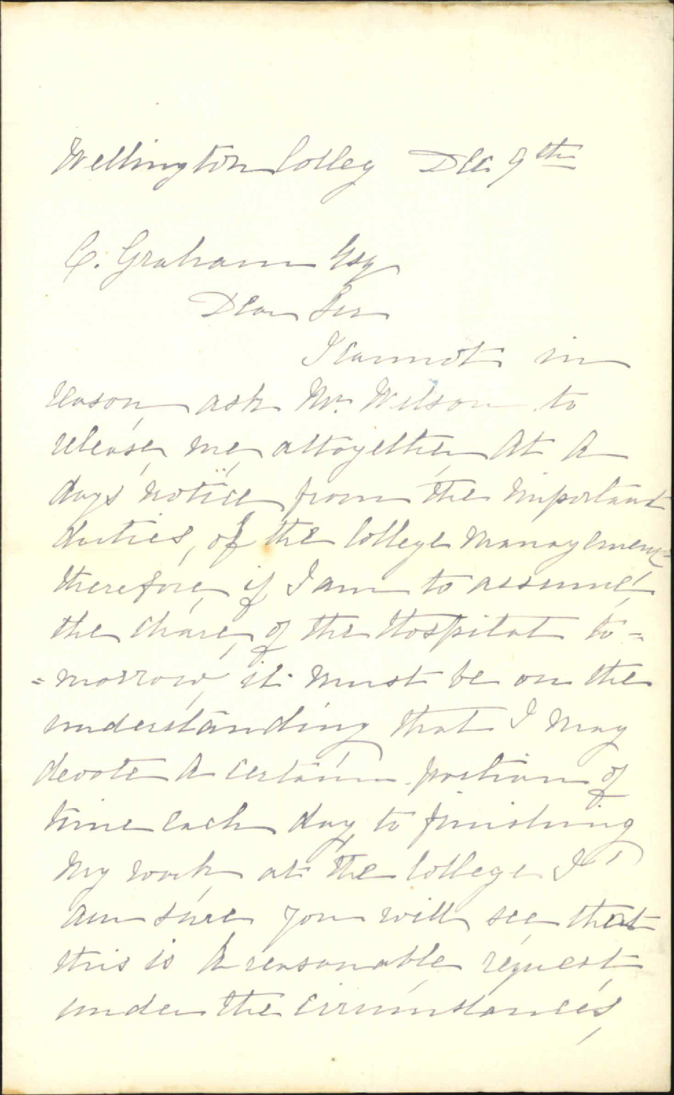 Mrs Ballie, regarding assumption of office as Matron of hospital