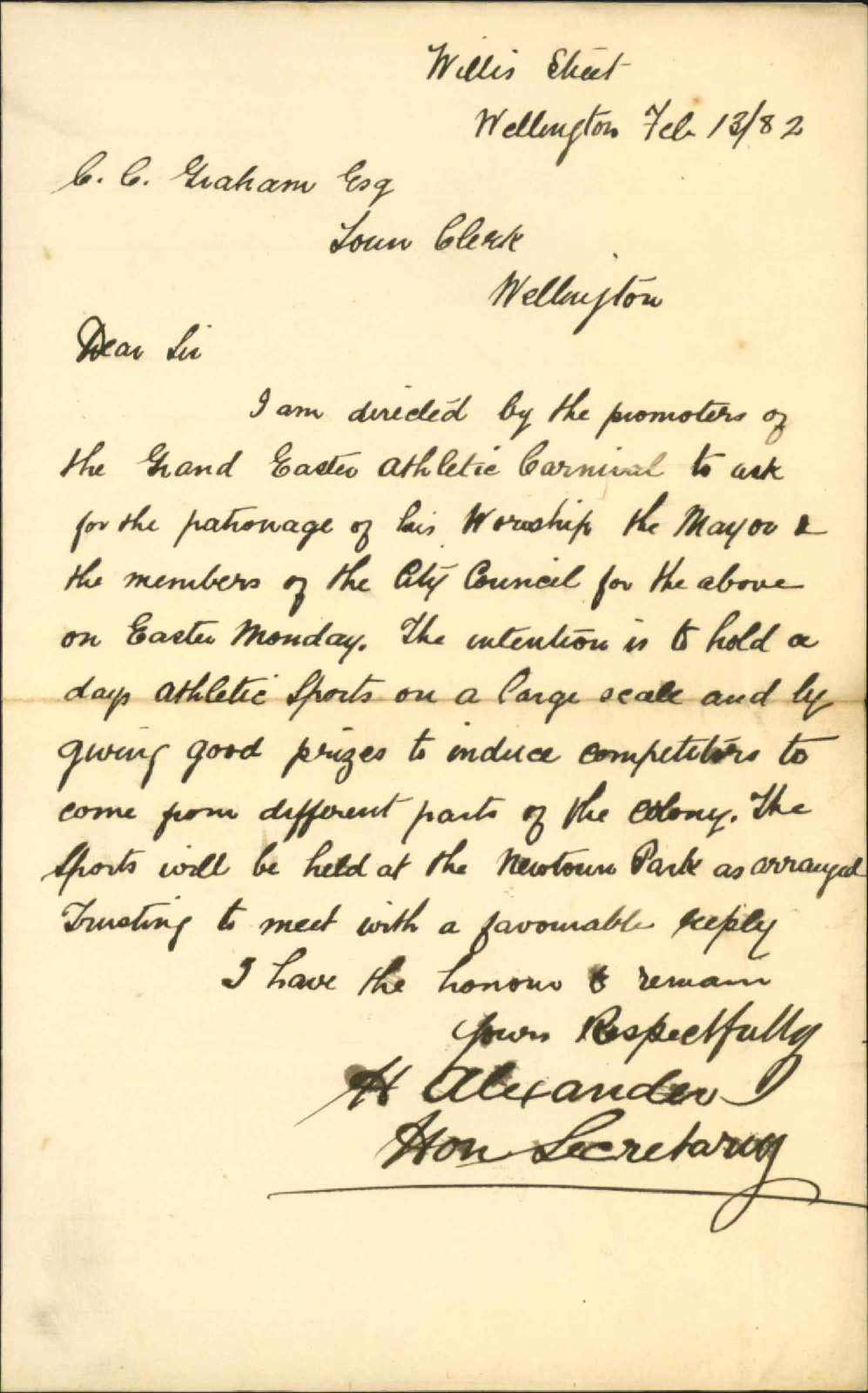H Alexander, asking patronage of council to athletic sports