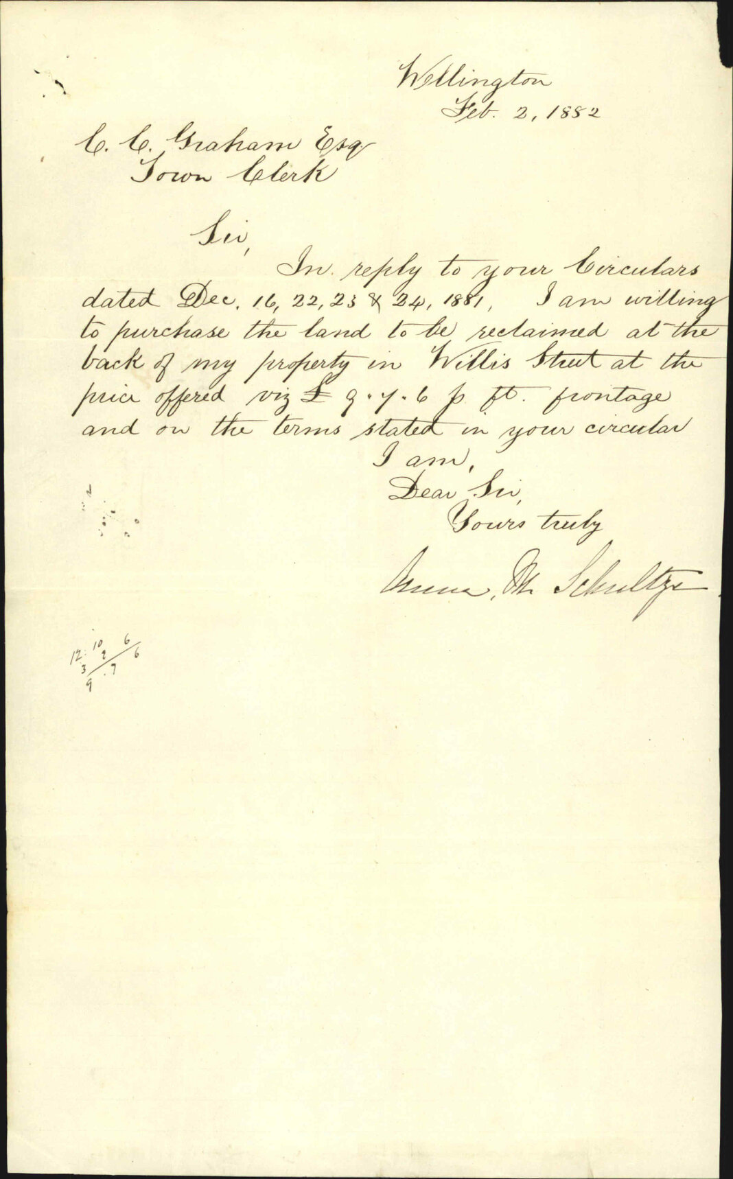 A Schultze, agreeing to terms of land purchase Te Aro reclamation Willis Street