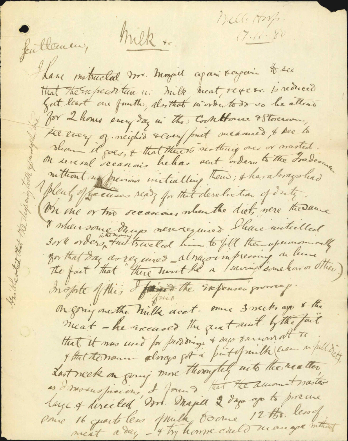 Hospital Resident Surgeon, report on consumption of milk, lemonade and hospital supplies generally