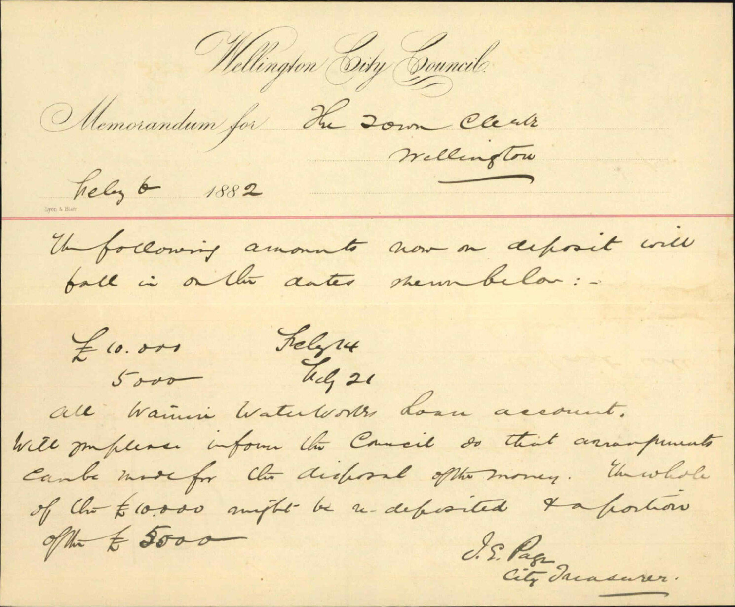 City Surveyor, regarding deposits maturing water works loan