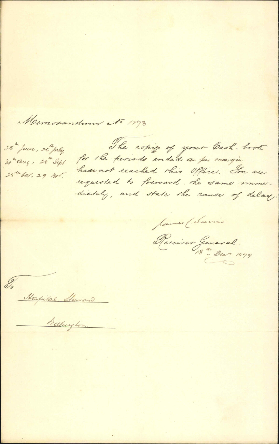 Receiver General, Hospital receipts