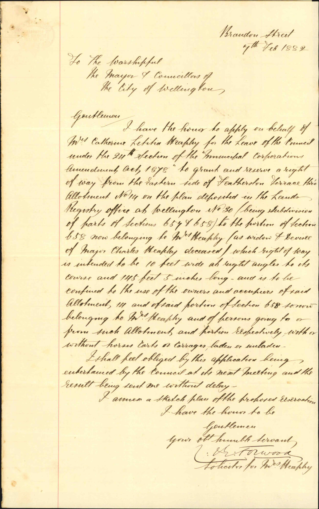 C R Forwood, application for leave to form right of way to Mrs Catherine Letitia Heaphy's premises