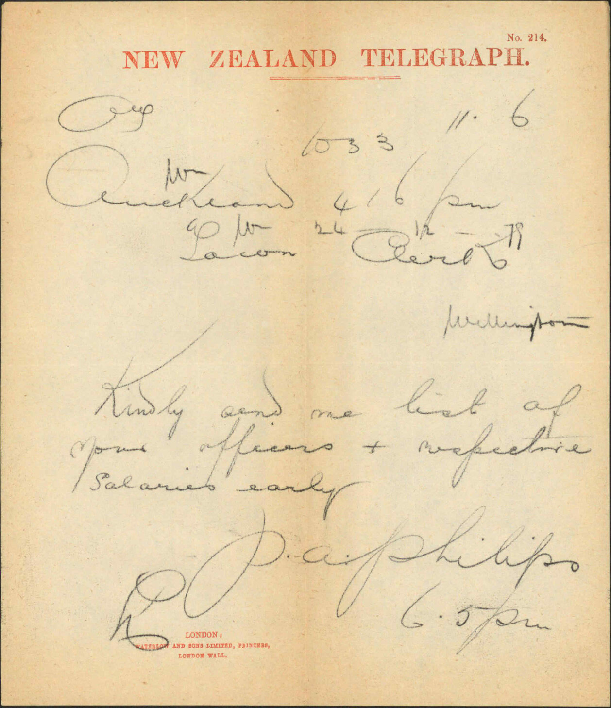 Town Clerk Auckland, asking particulars as to staff
