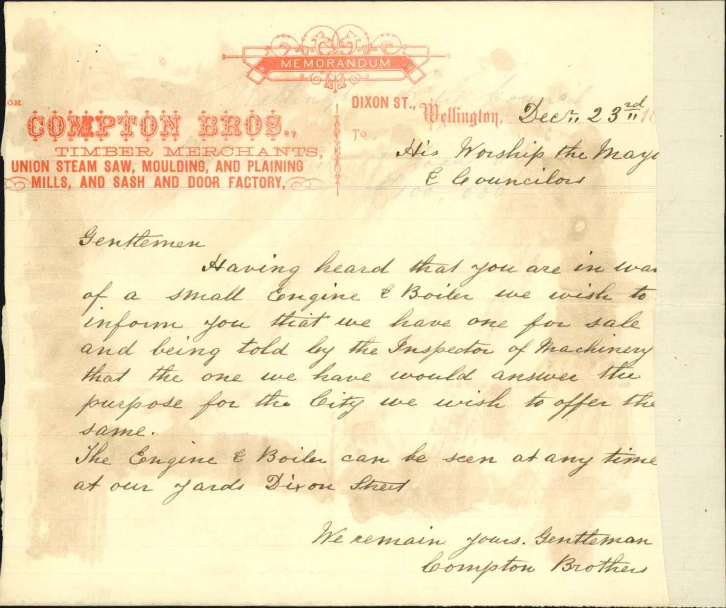 Compton Brothers, offer of engine for sale