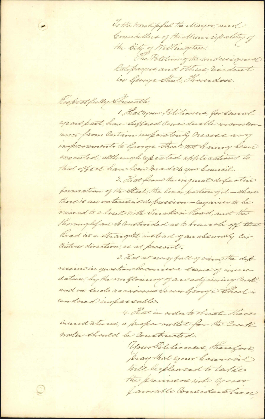J Phillips and others, petition for formation of George Street, Tinakori Road