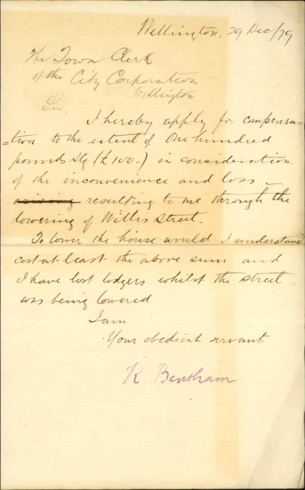 R Bentham, application for compensation because of the lowering of Willis Street