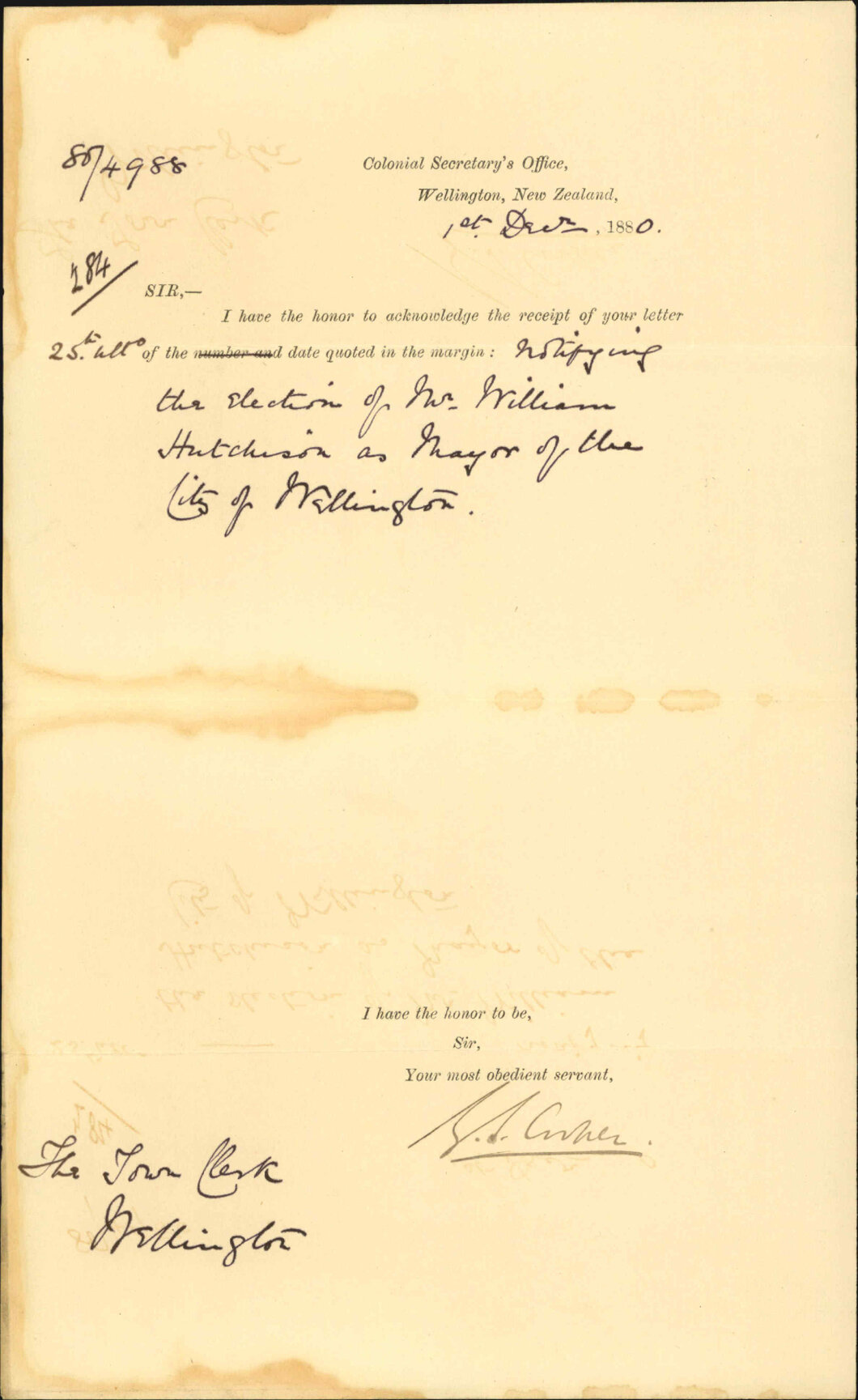 Colonial Secretary's Office, acknowledging election of William Hutchison as Mayor
