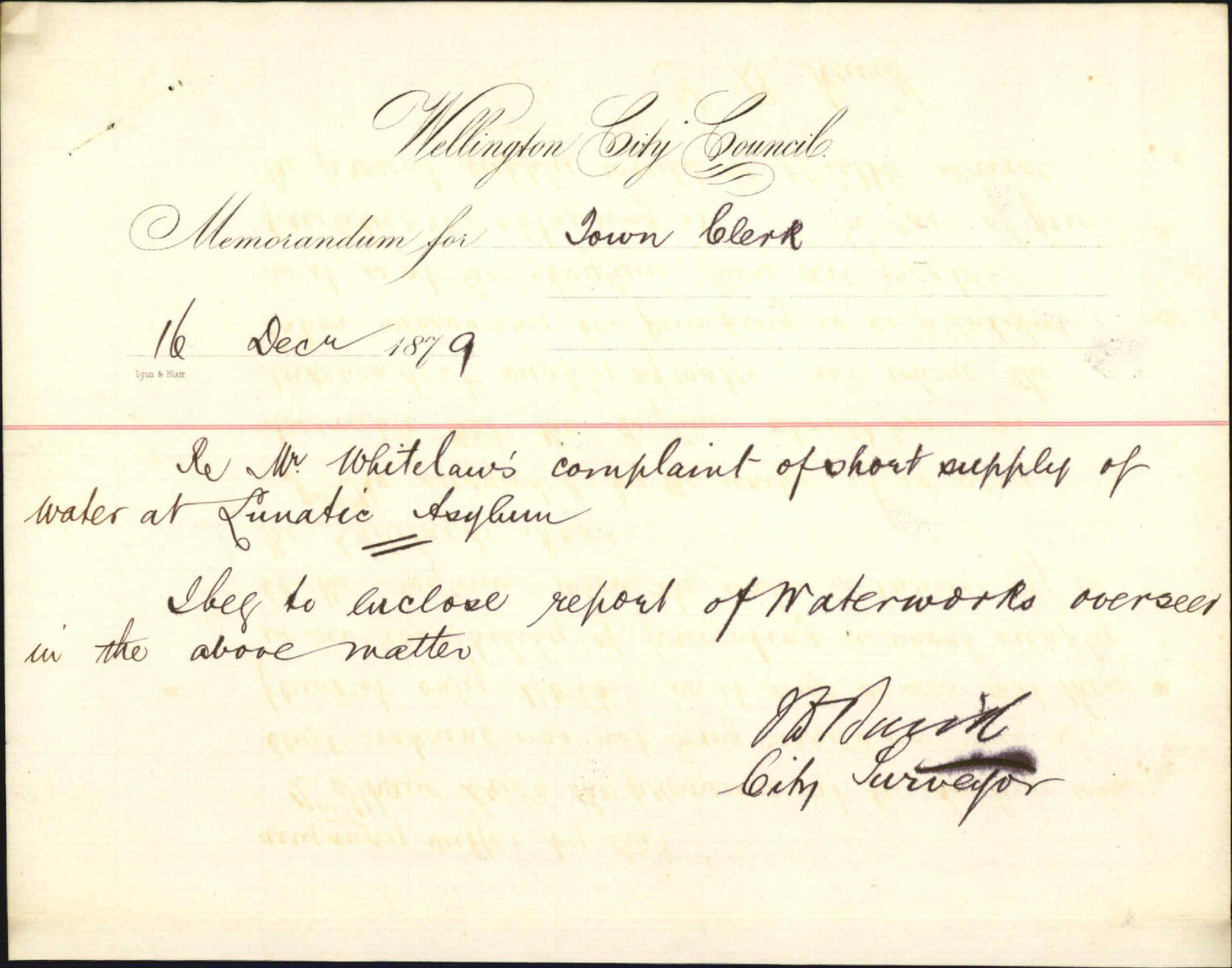 T B Hewitt, water supply to lunatic asylum