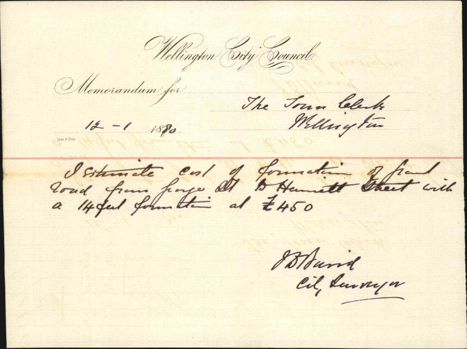 City Surveyor, cost of extension of Grant Road to Harriett Street