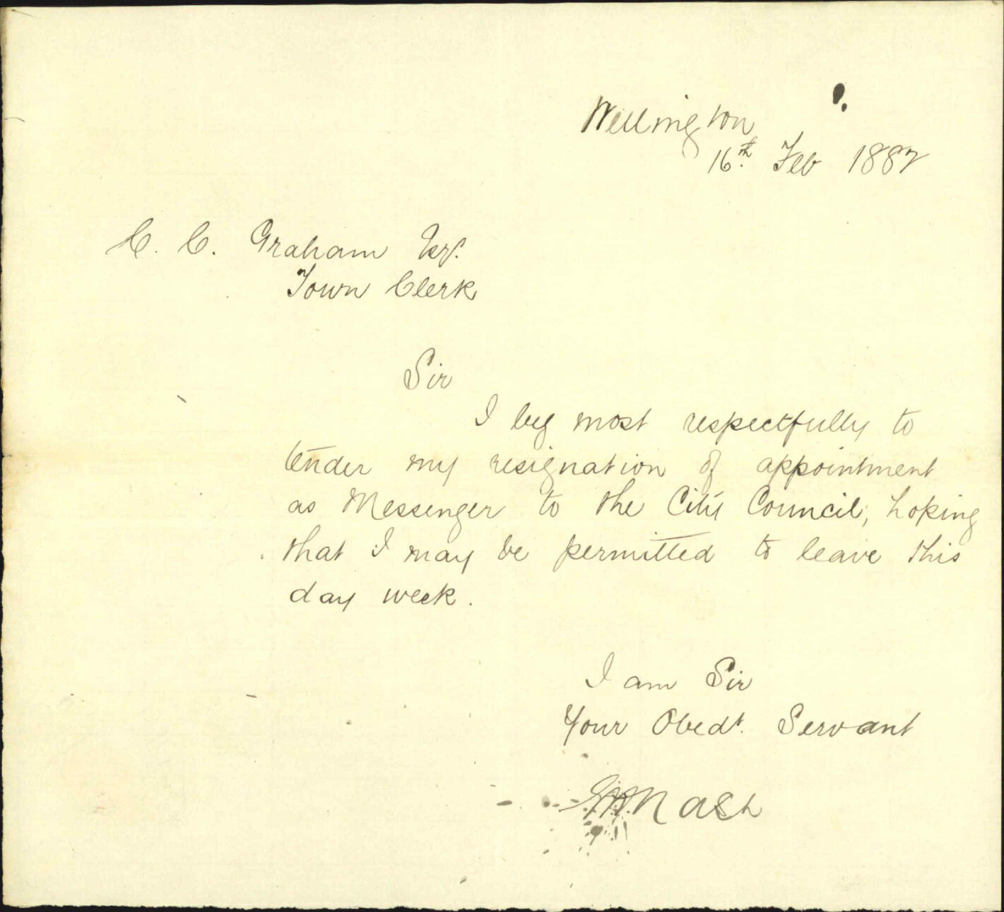 E H Nash, resigning appointment as messenger