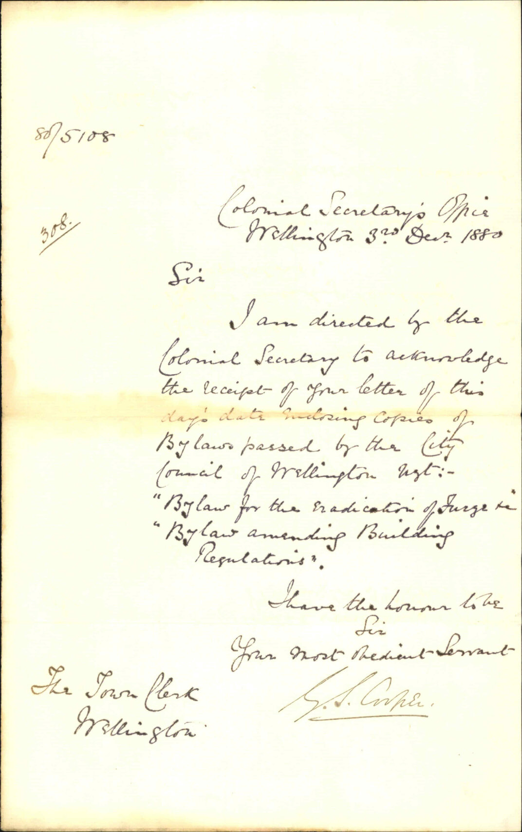 Colonial Secretary's Office, acknowledging receipt of bylaws- "Eradication of Furze" and "Altering Building Regulations"