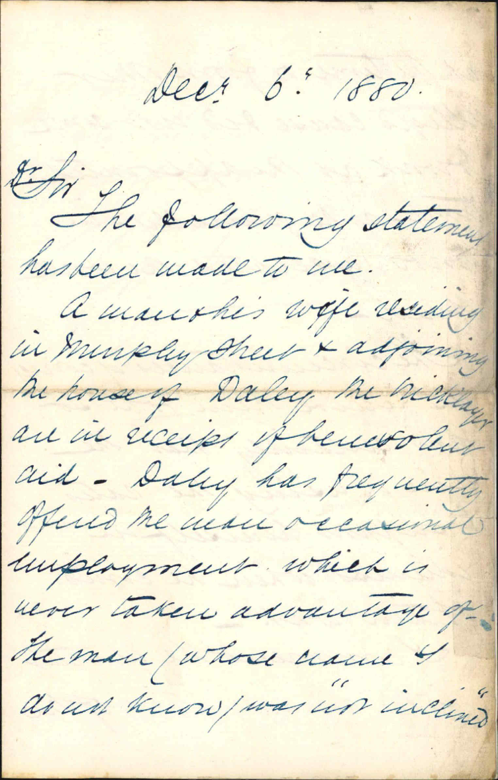 W R E Brown, complaint regarding person receiving charitable aid