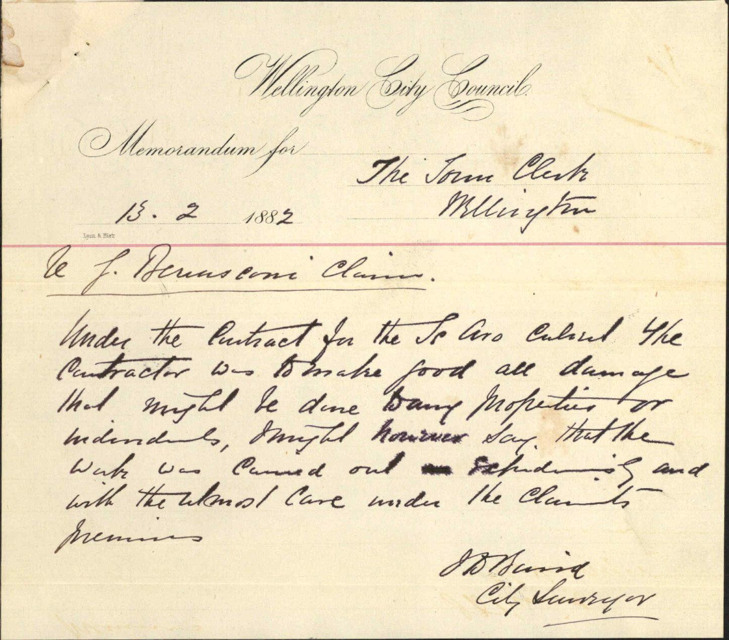Guiseppe Bernasconi, claim in account of Cuba Street drain