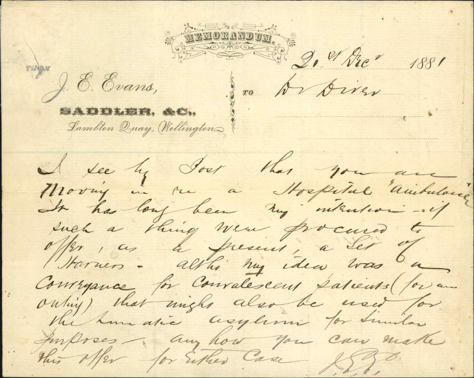 J E Evans, offering set of harnesses for use of hospital ambulance