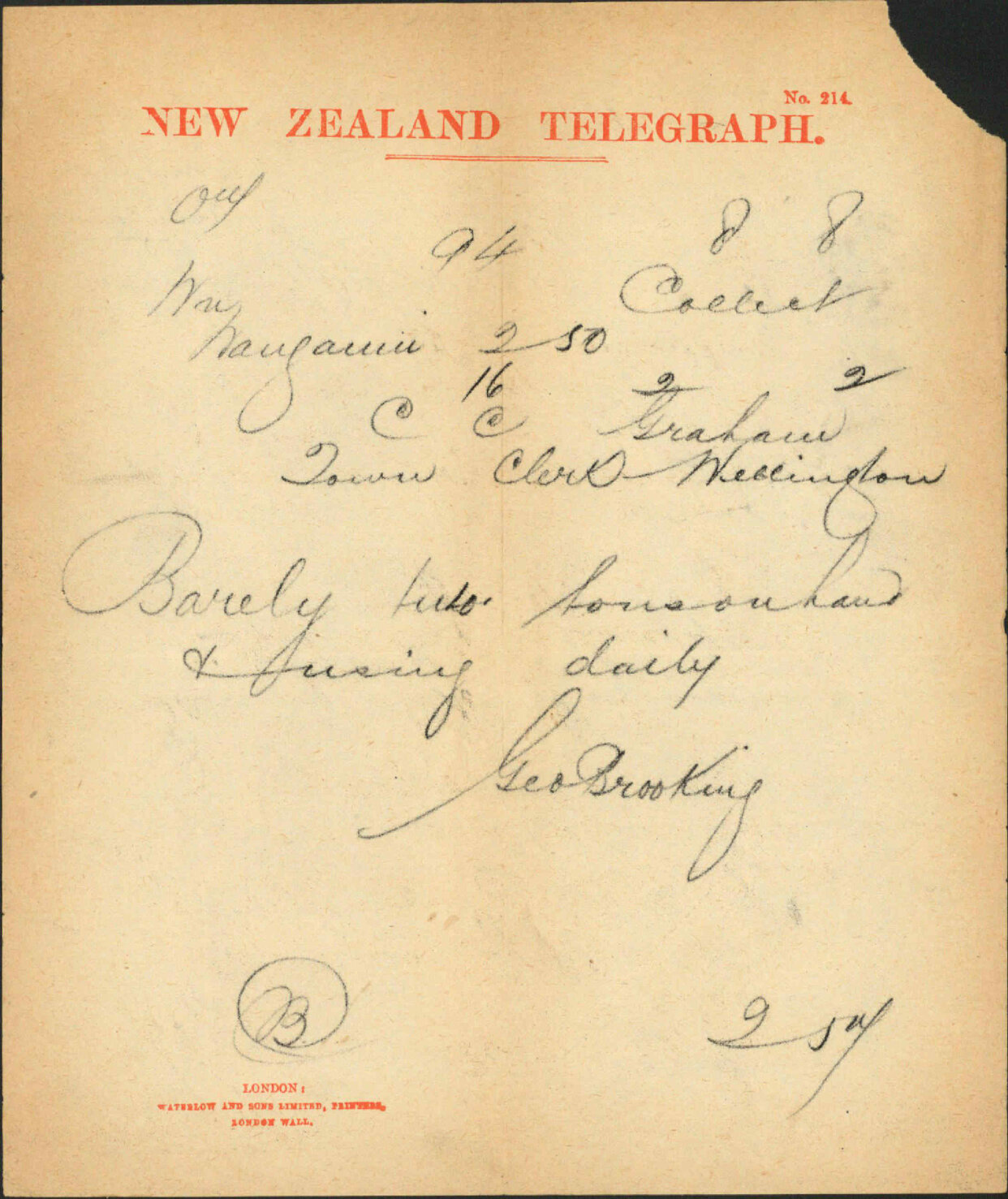 Town Clerk, Wanganui, unable to lend temporarily pig lead
