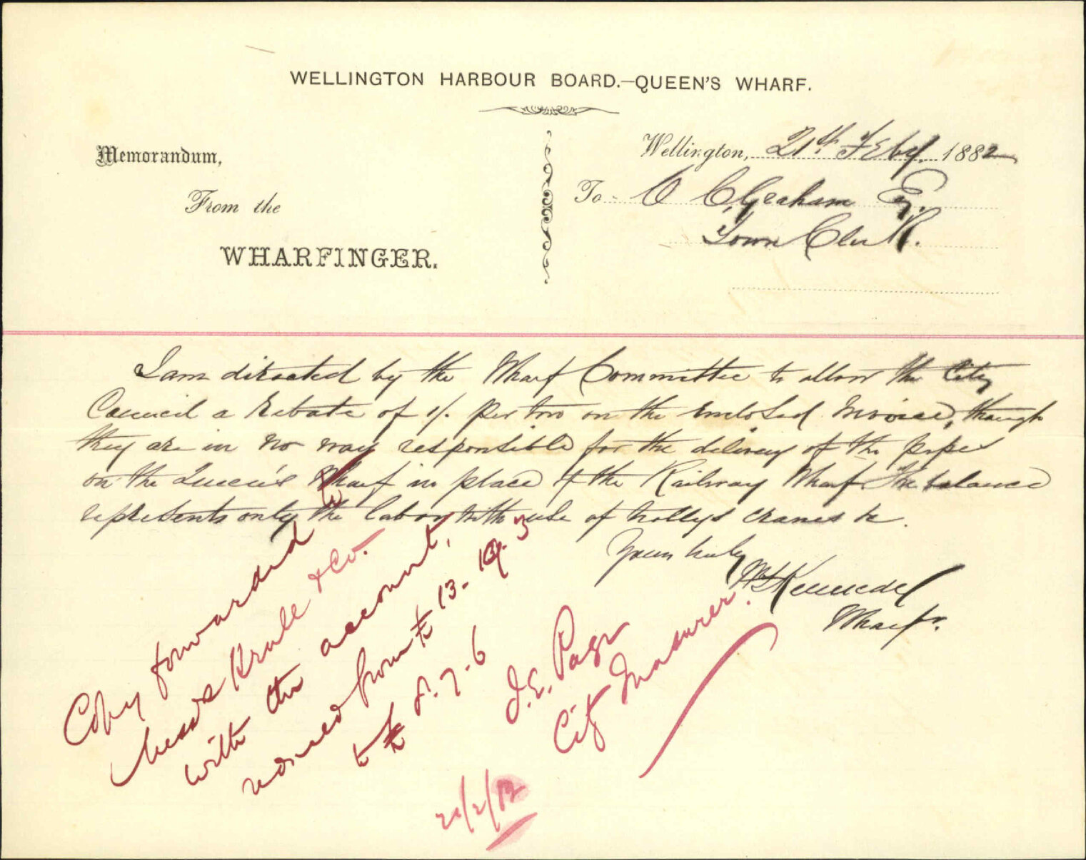 Wellington Harbour Board, regarding charges in water pipes ex "Unicorn"