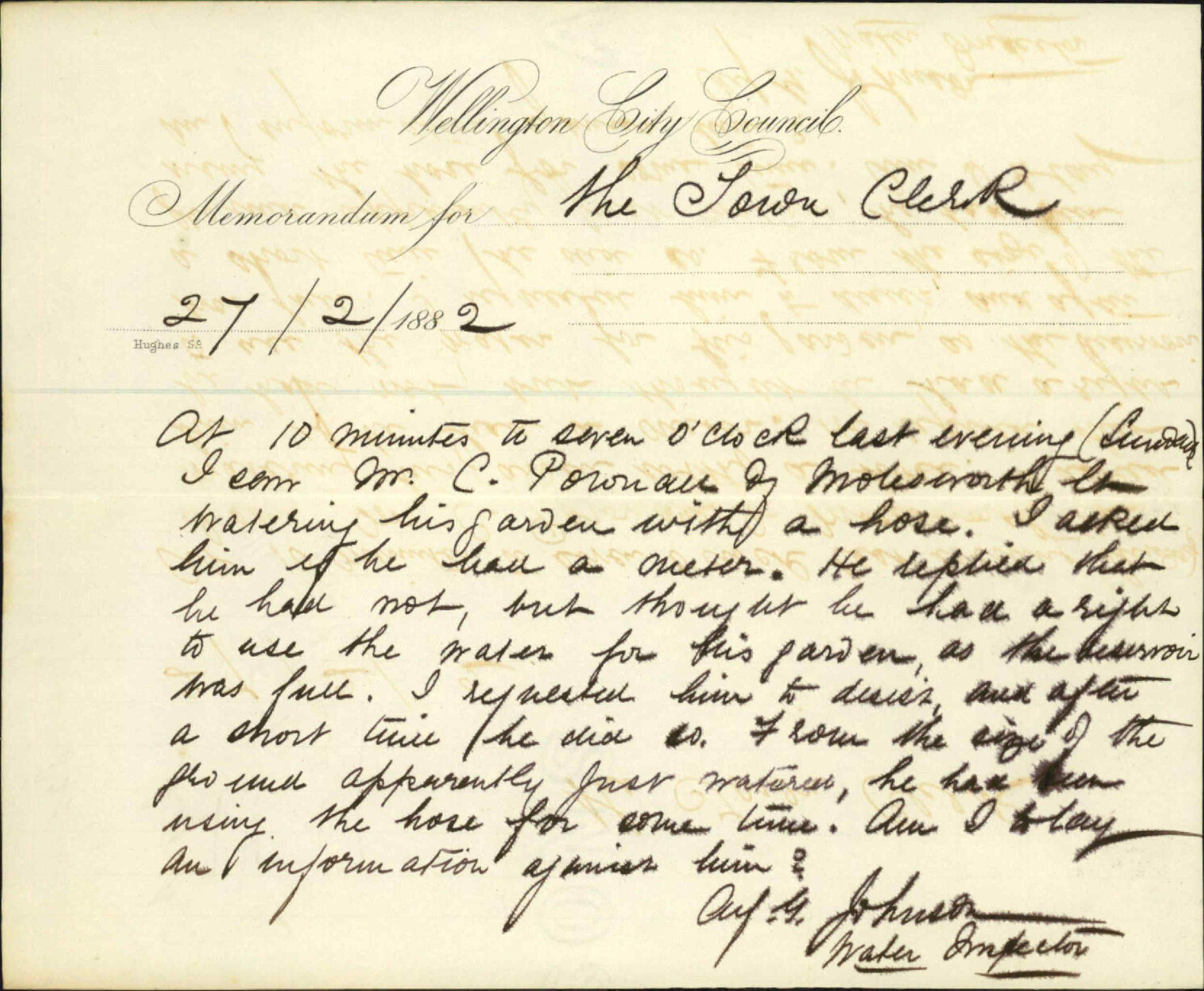 Inspector of Nuisances, regarding waste of water by C W Purnall