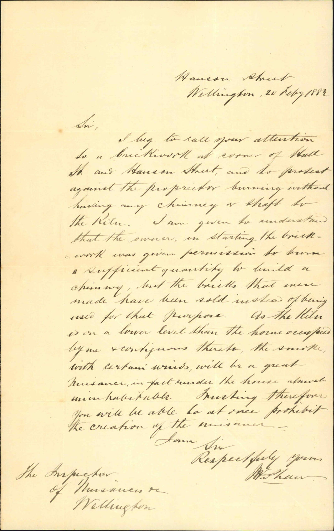 J W Shaw, complaint regarding brickworks corner of Hull and Hanson Streets