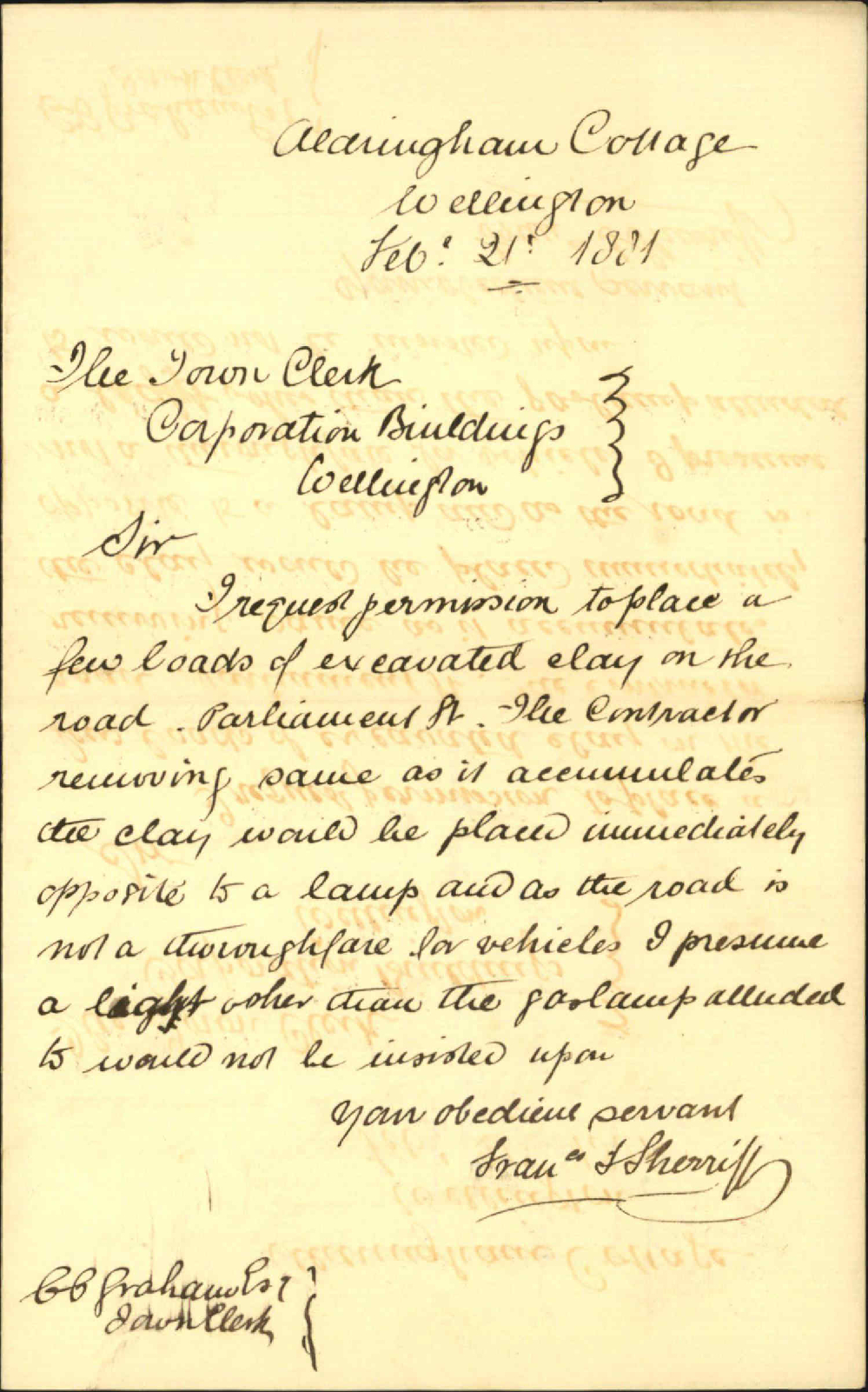 F F Sherriff, application for leave to deposit earth in street