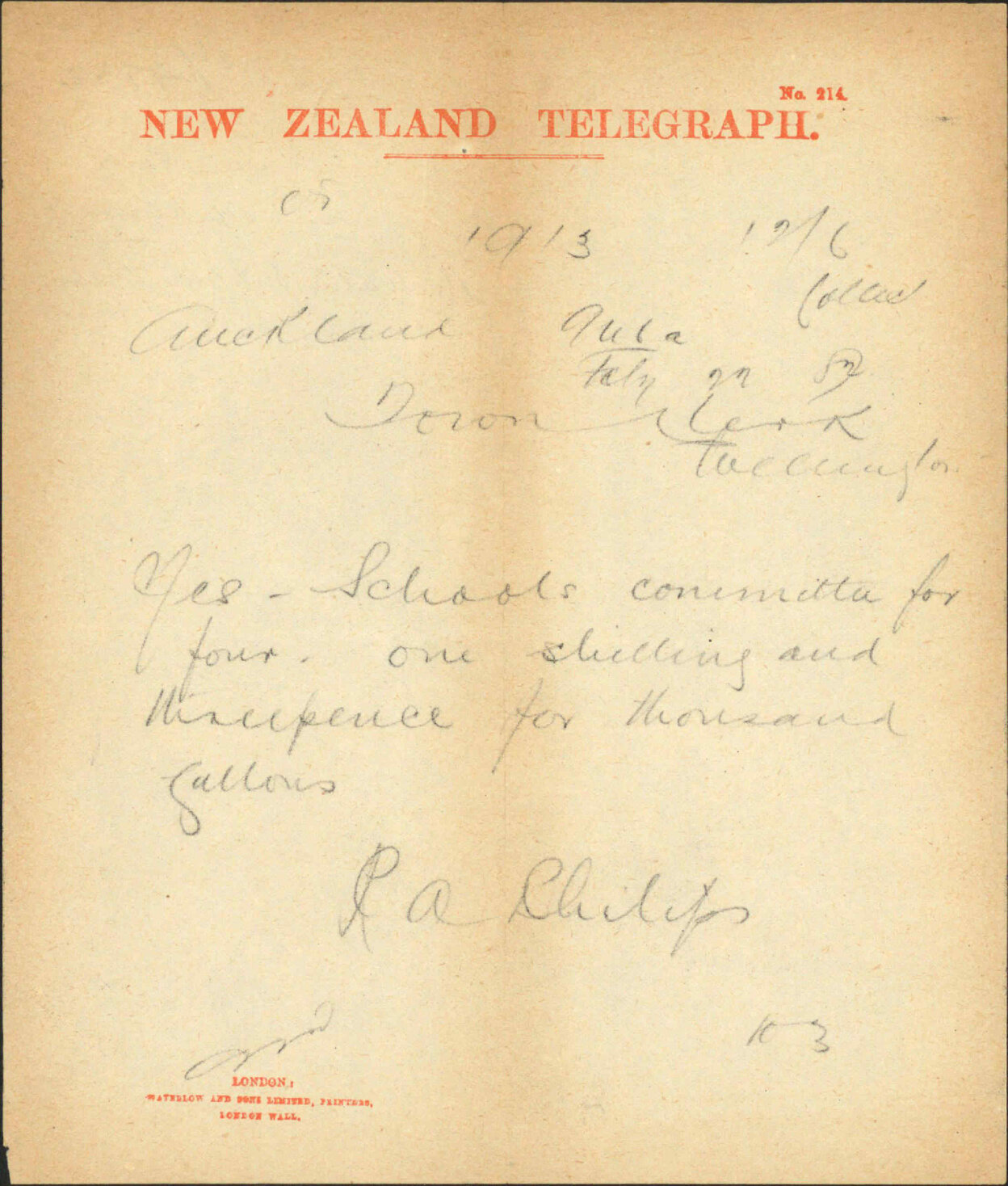 Town Clerk, Auckland, regarding supply of water to public schools