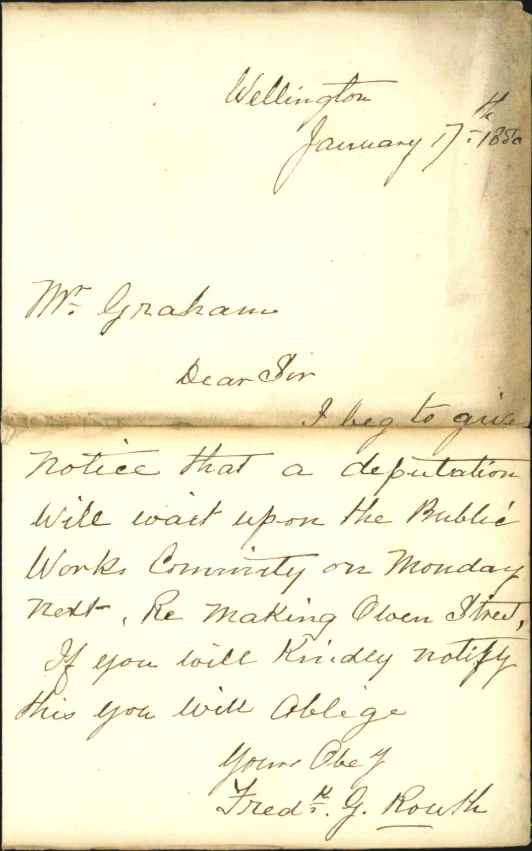 F G Routh, deputation to wait upon the Public Works Committee regarding Owen Street