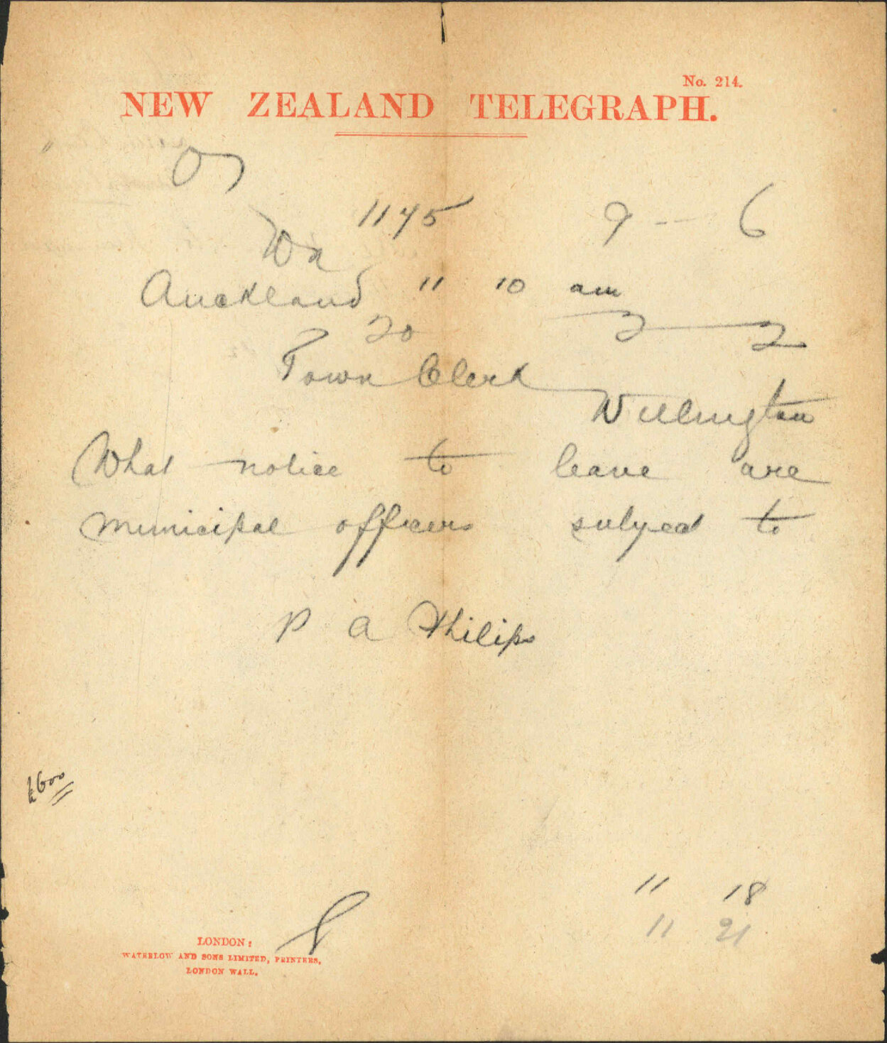 Town Clerk, Auckland, enquiry as to notice to municipal officials