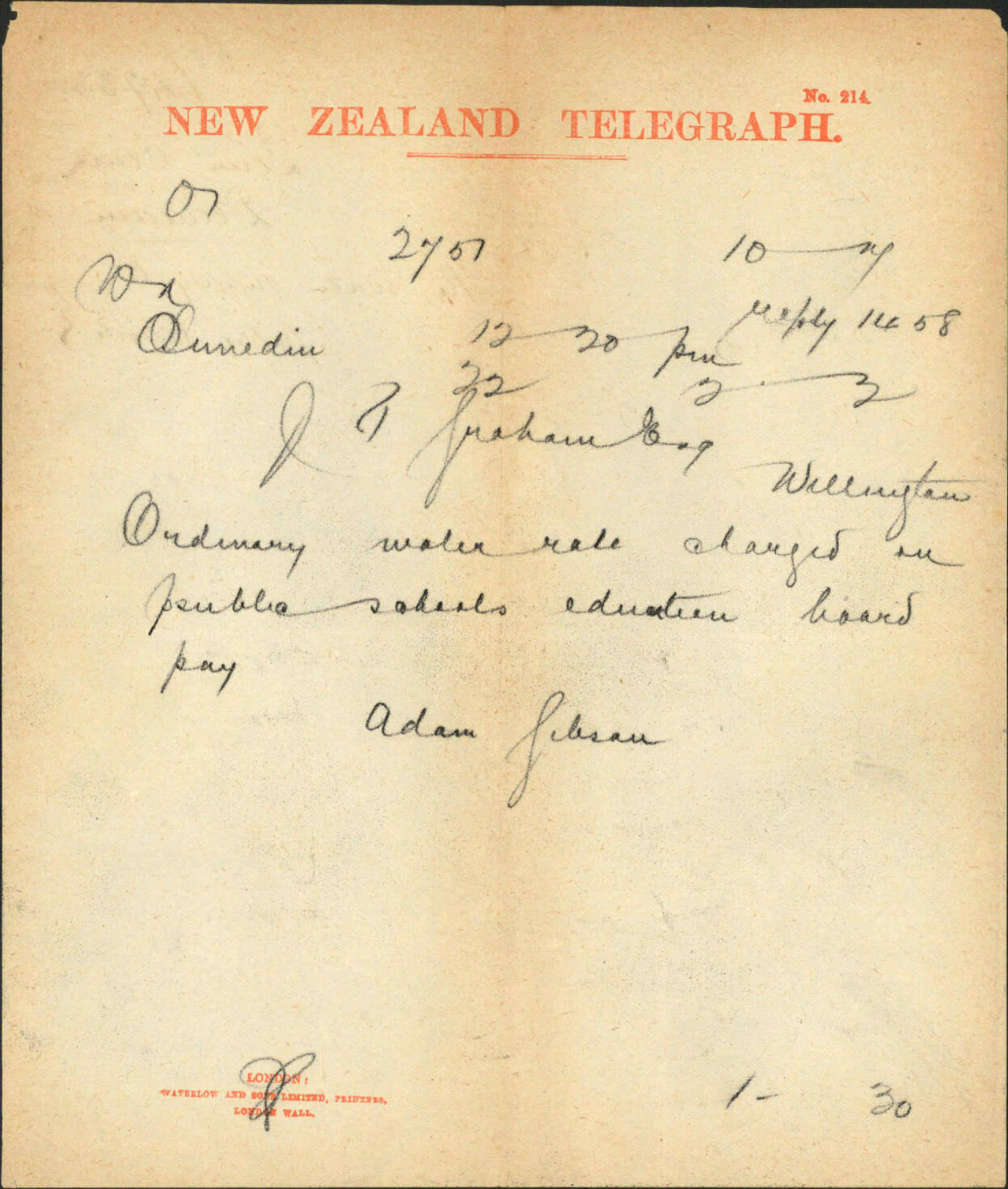 Town Clerk, Dunedin, regarding supply of water to public schools