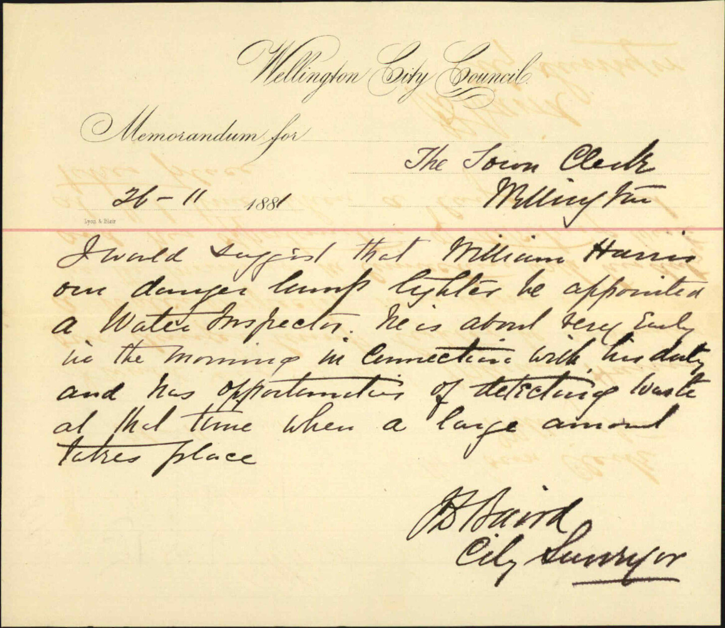 City Surveyor, regarding appointment of William Harris as Water Inspector