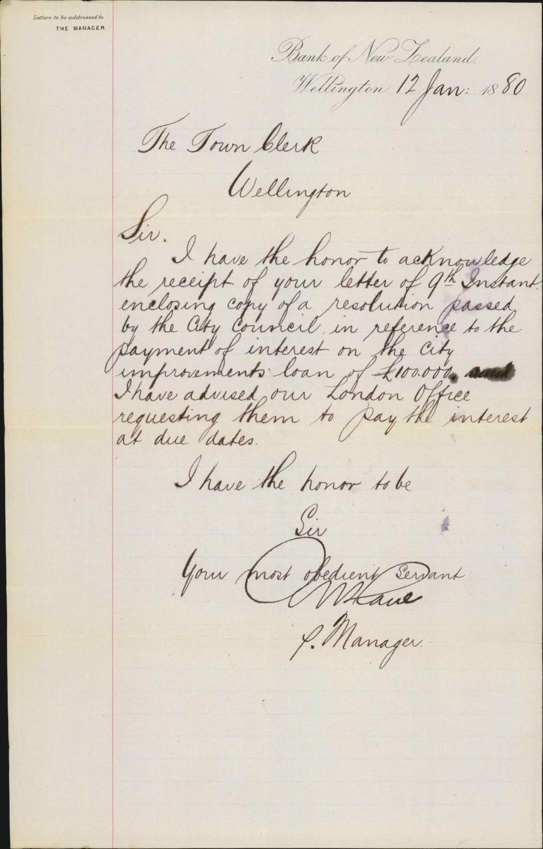 Bank of New Zealand, arrangements made for payment of interest on loan