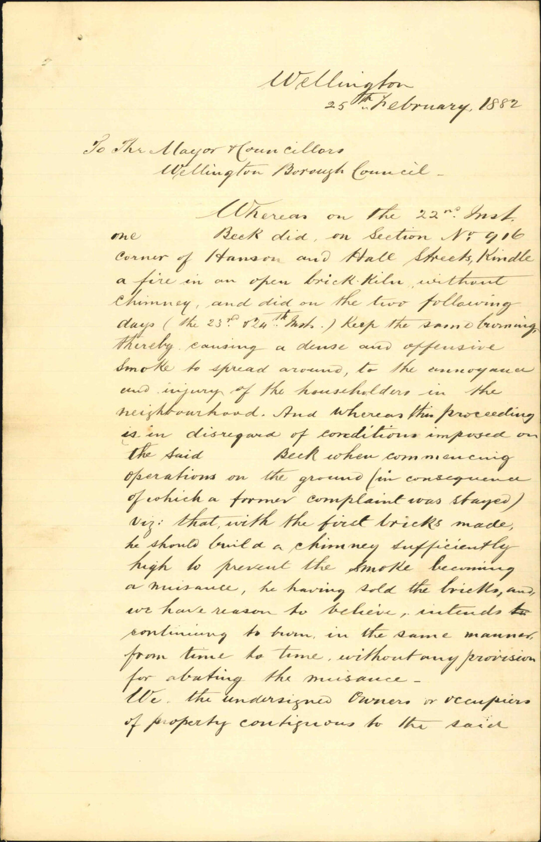 Petition, complaint against brick kiln, corner of Hanson and Hall streets