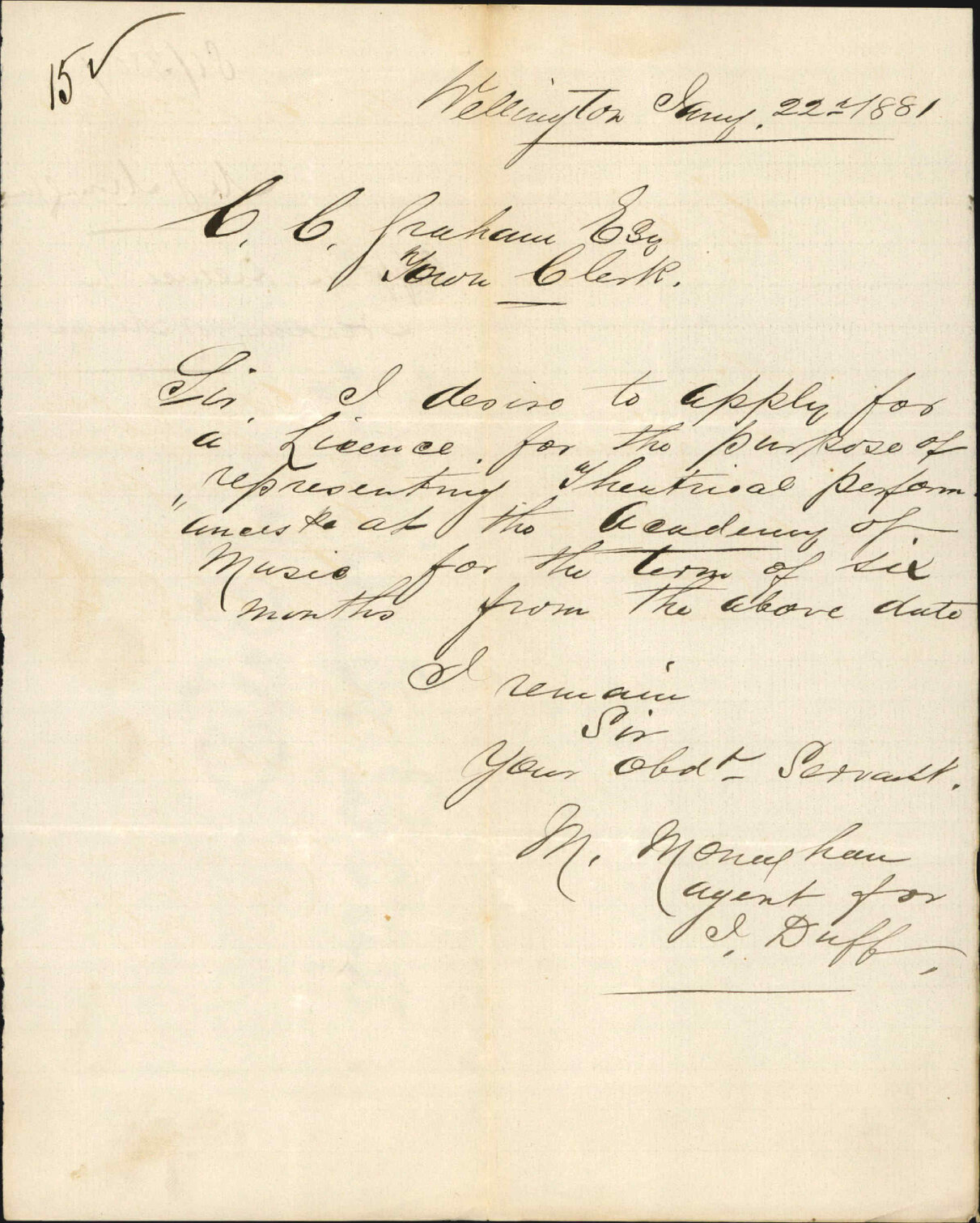 M J Monaghan, application for licence for Academy of Music