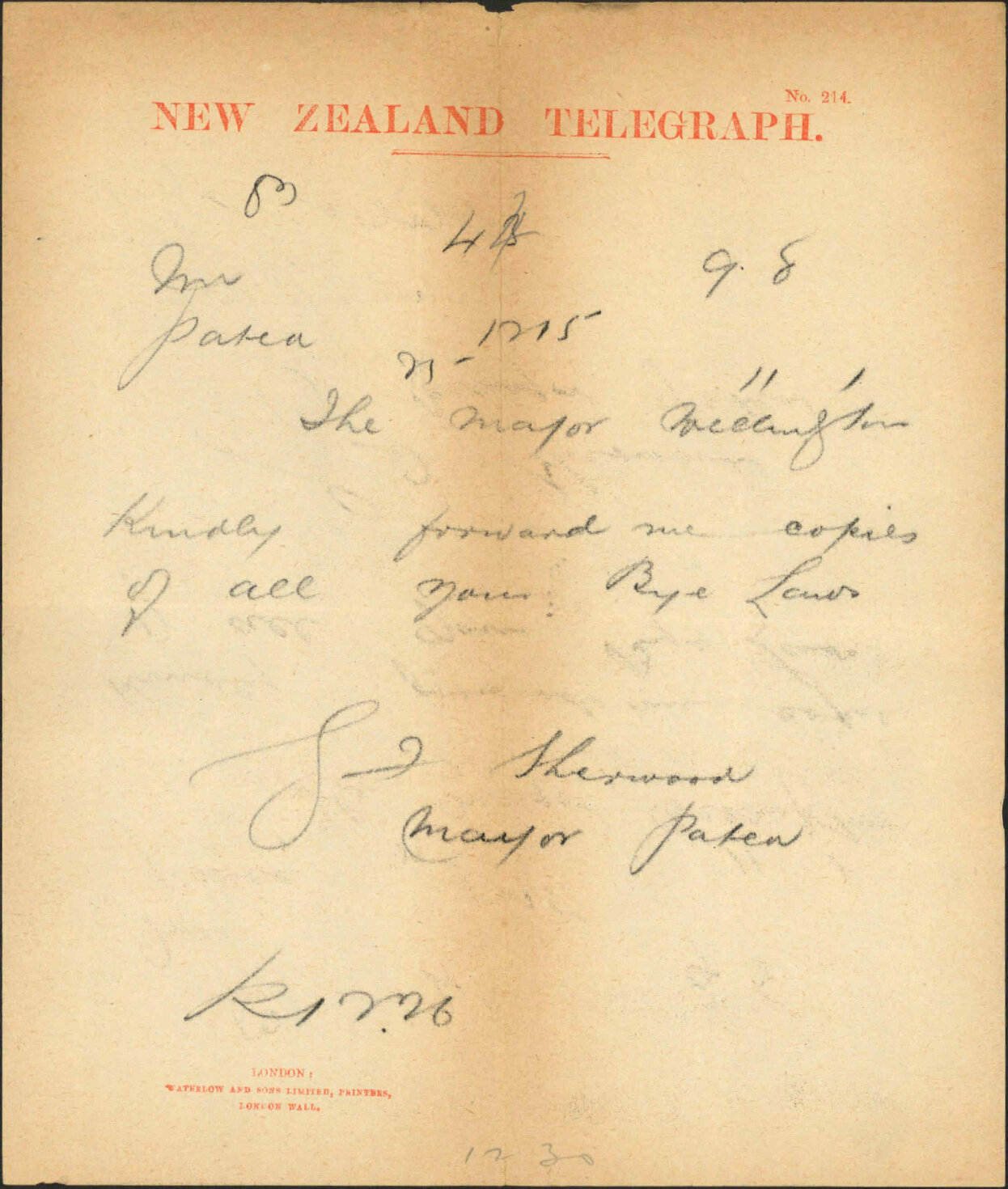 Mayor of Patea, asking for copies of bylaws