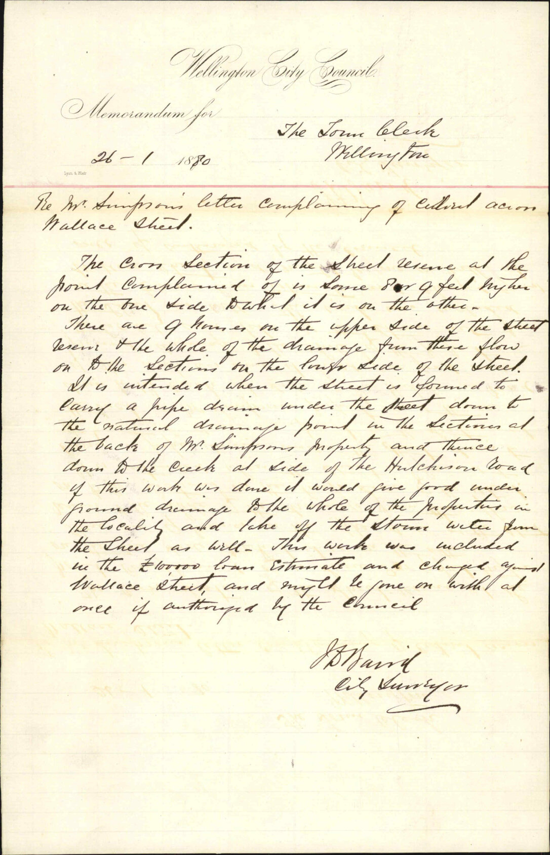 City Surveyor, regarding cutting in Wallace Street