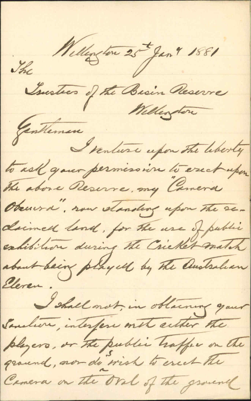 A Dimant, application for lease to erect Camera Obscura in Basin Reserve