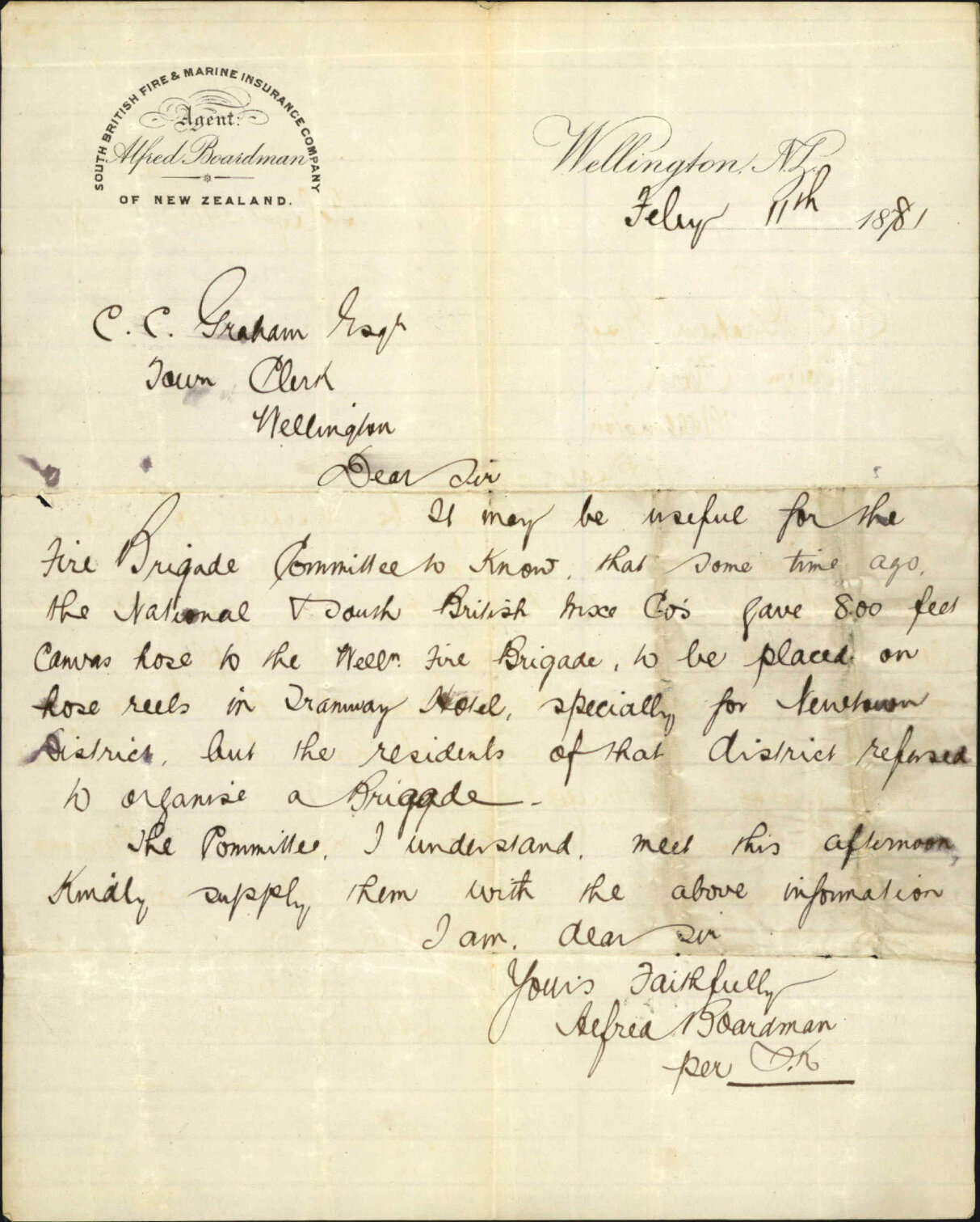 Alfred Boardmen, regarding hose reel for Newtown district