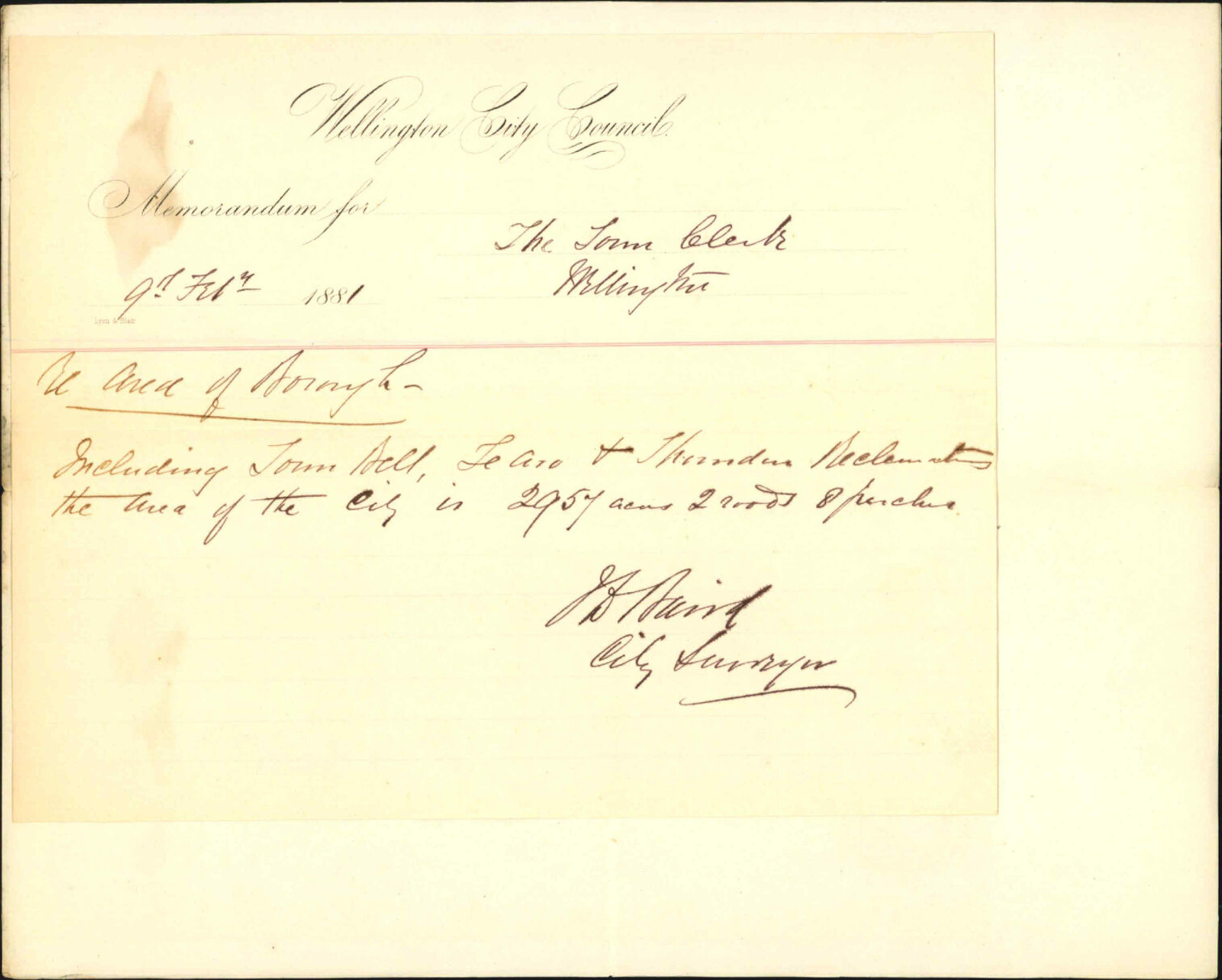 Town Clerk, Auckland, enquiry as to area of Borough